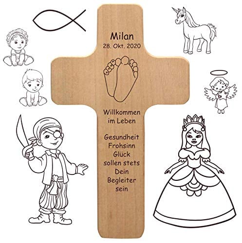 Kinderkreuz mit individueller Gravur - personalisiert mit Name, Spruch, Motiv - Kinder Holzkreuz als Taufgeschenk, Geschenk zur Kommunion, Konfirmation für Jungen und Mädchen