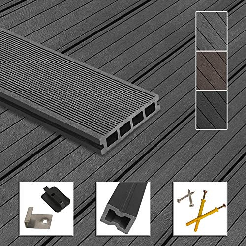 Montafox WPC Terrassendielen Dielen Komplettset Hohlkammerdiele Komplettbausatz Unterkonstruktion Clips, Größe (Fläche):50 m² 2.2m, Farbe:Grau