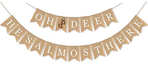 SWHATYW Jute-Banner mit Aufschrift Oh Deer He's Almost Here, Kamin-Dekoration, Junge und Waldland, Babyparty-Girlande
