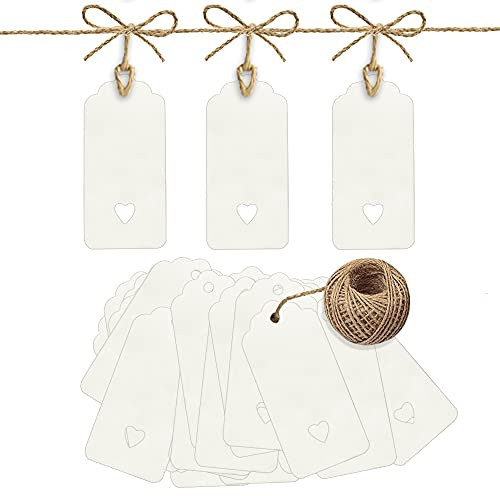 PCP 100 Pcs Gift Tags Kraft Paper Tags with 30m Jute Twine String for Arts & Craft, Luggage Label, Weddings, Valentines & Christmas, 300g/m² (White)