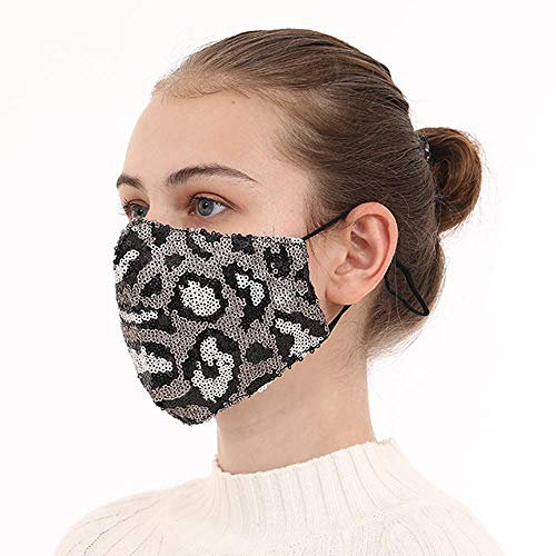 Yheakne Pailletten-Bling Anti-Staub-Mundschutz mit verstellbaren Ohrschlaufen, Umhängeband, Clip, für Damen, glitzernd, dekorativer Stoffbezug, waschbar, wiederverwendbar (schwarzer Leopardenmuster)