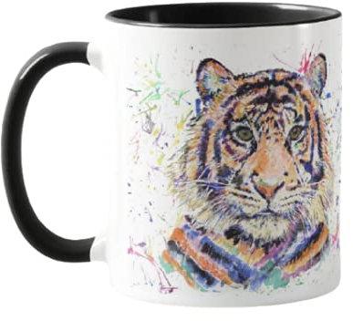 Vixar Tiger Watercolour Rainbow Art Coloured Mug Cup, Gift, Birthday, Work, Office, Christmas Tea Coffee (Black)
