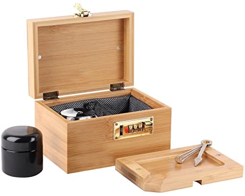 OZCHIN Bamboo Box with Combination Lock Decorative box for Home Locking Storage Bamboo Box Set with Glass Jar Tray Great Christmas Xmas Gifts for Women Men 17 x 12 x 10 cm