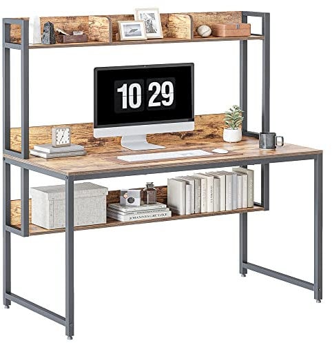 CubiCubi Computer Desk with Hutch and Storage Shelves, 120x60x138 cm Home Office Desks with Bookshelf, Modern Office Writing Desk, Brown