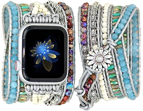 Somesame Compatible avec les bracelets Apple Watch de 41 mm, 40 mm, 38 mm avec perles multicouches tressées à la main, bracelets de montre pour femmes pour iWatch SE Series 9, 8, 7, 6, 5, bleu clair
