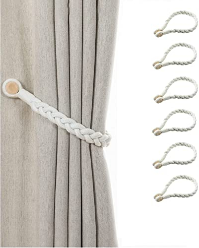 TSQZE Magnetische Vorhang Raffhalter, Boho Gardinenhaken Vorhanghalter Baumwolle Geflochten Vorhang Clip, Für Haus Büro Cafe Dekoration 50 cm lang- Beige (3 Pair)