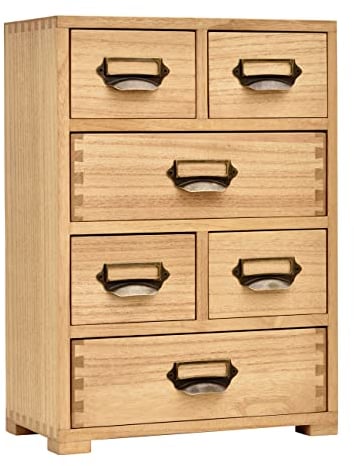 KIRIGEN Wood Storage Drawer Units Desktop Organiser Chest of Drawers Rustic Craft Cabinet 6 Drawers with Metal Handles Desk Supplies Organization Natural (4D6C-NA)