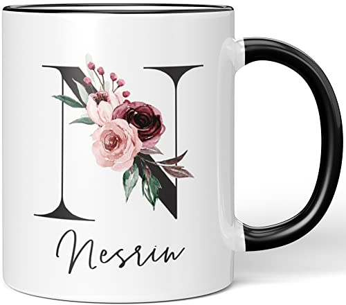 JUNIWORDS Tasse, Nesrin, Name Anfangsbuchstabe Initial Alphabet Floral Buchstabe N Monogramm Motiv, Schwarz (5592377)