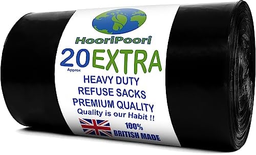 HooriPoori 100L 20 Extra Large Black Heavy Duty Bin Bags, 50 μm Strong Leak & Tear Resistant Dustbin Bags Roll, Bin Liners, Heavy Duty Bin Bag, Refuse Sacks 100% Recycled Material & Eco Friendly