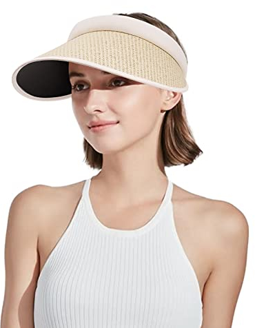 CLAPE Sommer Sun Visor Hüte für Damen UV-Schutz Sonnenvisier mit Breiter Krempe Stroh Sonnenschild Sonnenschutz Schirmkappe White KD09