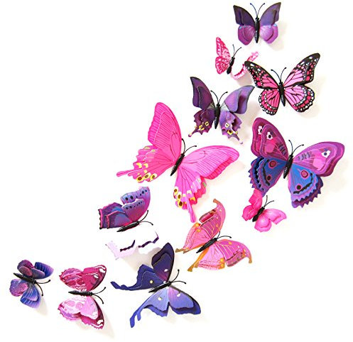 3D Butterfly Wall Sticker, Double Layer Butterfly, Refrigerator Sticker, Bedroom Party Wedding Decoration, Room Wall Decoration (Purple, 12)