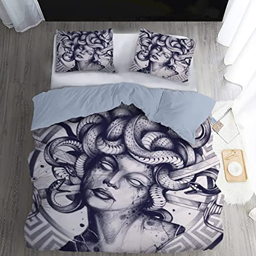 Bettwäsche 135x200 Medusa Druck Bettbezug Set 2 Teilig Griechische Mythologie Microfaser Weich Bettbezüge + 1 Kissenbezug 80x80 cm, mit Reißverschluss