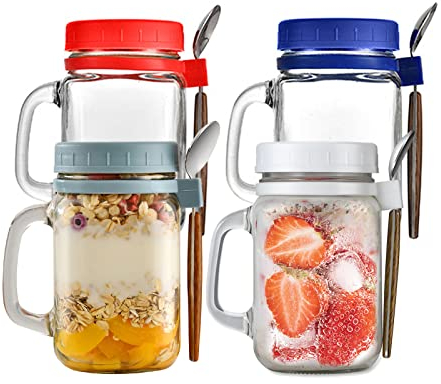 Hniuyun 4 Pack Overnight Oats Jars with Lids and Spoon, 16 oz Airtight Breakfast Jars with Handle, Mason Jars with Lid for Salads Cereal Milk Porridge Fruit