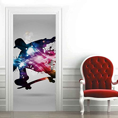 Türfolie Türtapete Türposter Selbstklebend 3D Fototapete Klebefolie Tür Mit Motiv Türaufkleber Kinderzimmer Bunter Skateboardjunge 90 X 200 Cm