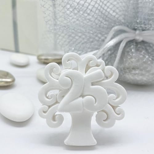 Doni Bomboniere 12pz BOMBONIERA 25 Anni Anniversario Nozze SPOSI Argento SEGNAPOSTO INVITATI Albero della Vita GESSETTO Numero 25 Gadget PENSIERINI PORTACONFETTI Fai da Te ECONOMICHE Originali
