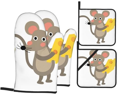 Ofenhandschuhe und Topflappen-Sets, Küchen-Ofenhandschuh und Topflappen, 4 Stück, zum Backen, Grillen, Motiv: Maus-Käse-Druck