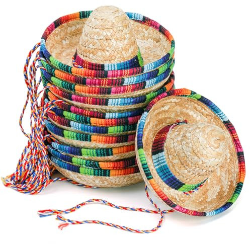 Frcctre Paquete de 12 mini sombreros de paja mexicana natural de 6.5 pulgadas, sombreros de fiesta, sombreros de fiesta del Cinco de Mayo, carnaval, fiesta de cumpleaños, sombreros para niños,