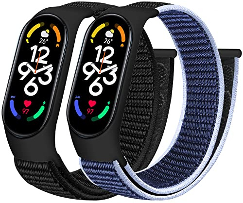 BTTNG Correa Compatible para Xiaomi Mi Band 7/Mi Band 6/Mi Band 5 4 3/Amazfit Band 5 Correa, 2 Pack Transpirable Nylon Sport Solo Loop Pulsera de repuesto para Mi Band 7/6/5/4/3 Mujeres Hombres
