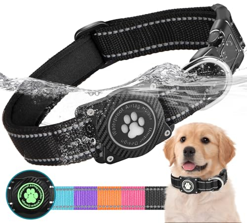 Ytanest Leuchtend Wasserdicht Airtag Hundehalsband, Verstellbar Reflektierend Air Tag Halter Halsband Reflektierend für Kleine Mittler Große Hund, Schwarz, M