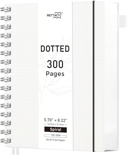 RETTACY Notizbuch A5 Dotted, Bullet Journal Spiral-Notizbuch Gepunktet mit 300 Seiten, Softcover Ringbuch 100 g/m² Dickes für Frauen Männer Arbeit Büro Schule, 14.5 x 21cm - Transparent