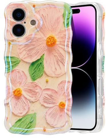 EYZUTAK Case for iPhone 16, Colorful Retro Oil Painting Flower Leaf Laser Glossy Pattern Cute Curly Waves Edge Exquisite Phone Cover Stylish Durable TPU Protective Case for Women - Pink Green
