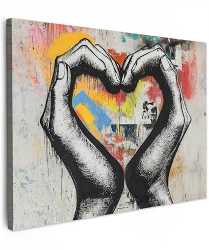 MuchoWow© Leinwand 40x30 cm Deko Schlafzimmer Aesthetic Leinwandbilder Wohnzimmer Gemälde Foto Geschenk Living Room Decoration Hände - Herz - Straßenkunst - Graffiti