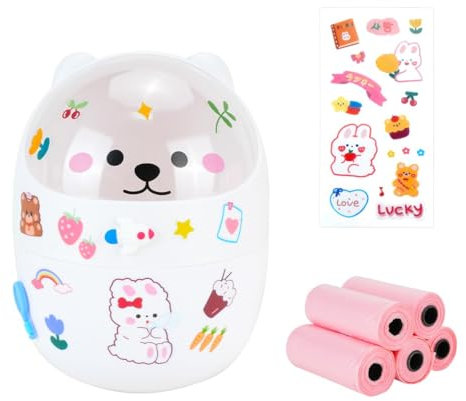 IBEQUEM Mini Trash Can, Cute Small Trash Can with Lid, Desktop Paper Bin with 5 Rolls of Bin Liners, Portable Tabletop Dustbin, Cartoon Rubbish Storage for Office Bedroom Desk Car Kitchen (White)