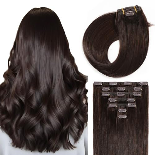 Sunya Clip in Echthaar Extensions Dunkelbraun - Natürlich Glatt Hair Skin Weft With 16 Clips - 70g 14 Inch 7 Pcs