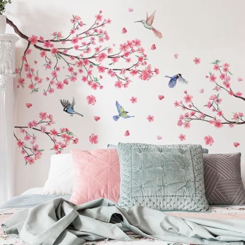 Purekay Stickers Muraux Fleurs de Cerisier Rose Autocollant Mural Floral Branche Arbre Oiseaux Décoration Murale Chambre Enfants Salon Fenetre Mur TV