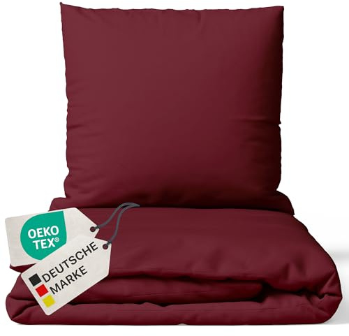 NYVI Bettwäsche Set DreamScience Renforcé Uni 155x220 + 80x80 cm Bordeaux - Atmungsaktiv & Weich - 100% Baumwolle - Mit Reißverschluss, Oeko-TEX Zertifiziert, für Allergiker geeignet