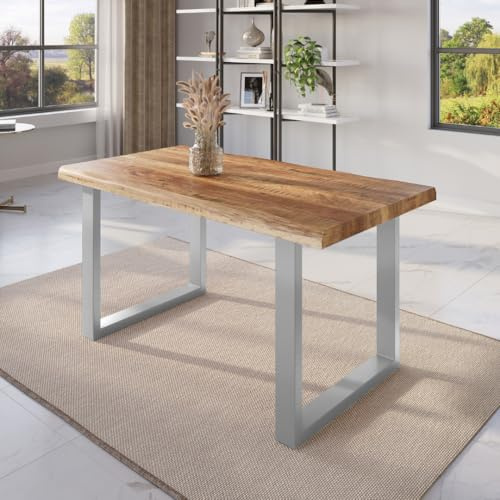 trelevo Esszimmertisch 140x80 cm Mango massiv U-Gestell Baumkante | Mangoholz, Tischplatte Natur/rau, Silber, Baumkantentisch