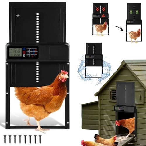 Fiqops Automatische Hühnerklappe mit Elektrischer Wasserdichter Tür, Großes Display, Timer, Intelligenter Einklemmschutz