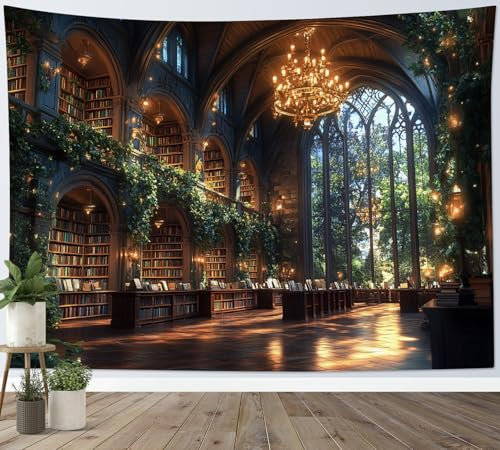 LB Wandteppich Magische Bibliothek Wandtuch Grüne Pflanzen Braune Bücher Vintage Bücherregal Wandbehang Wald aus dem Fenster Tapisserie für Wohnzimmer Schlafzimmer Wohnheim Wanddeko,150x130cm
