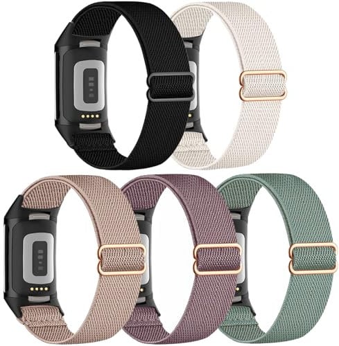 CUNUJIX 5 Stück Elastisch Nylon Armband Ersatz für Fitbit Charge 6 / Charge 5, Dehnbare Loop Gewebe Ersatzband für Fitbit Charge 6 / Charge 5 Damen Herren