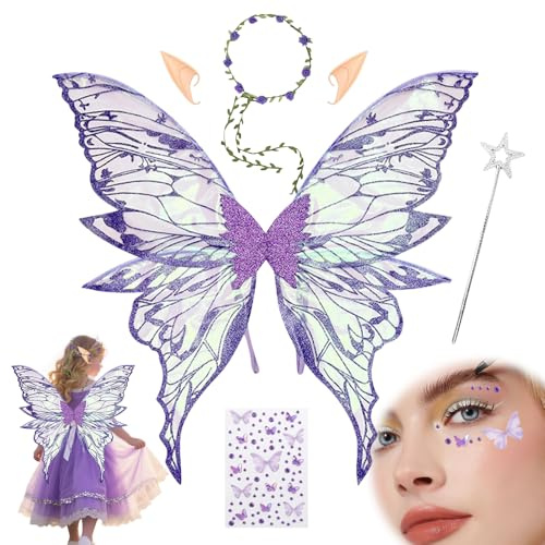 XEERUN Ailes de fée pour filles et femmes, ailes de papillon pour adultes, ensemble de déguisement d'elfe papillon, baguette de fée, oreilles de couronne pour costume d'Halloween, accessoires de
