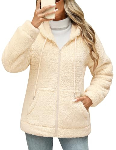 Yuson Girl Teddyjacke Damen Kuschelpullover Flauschig Warm mit Kapuze | Teddyfleece Kapuzenjacke mit Reißverschluss, Taschen Hoodie Jacke, Kordelzug, Plüschjacke Herbst Winter