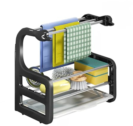 Spülbecken Organizer Küchen, Schwarz Aufbewahrung, Waschbecken Organizer Küche, Schwammhalter und Spüllappenhalter Küchenzubehör, Lappenhalter, Selbstentleerende Spülorganizer, für Bürste, Spülseife