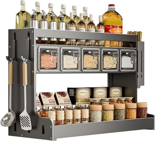 FUELIX Gewürzregal Mit Gewürzdosen, Gewürzregal Wand, Gewürzgläser Mit Regal, Schüttenregal Küche, Gewürzschrank, Gewürzständer, Gewürz Organizer Für Küchen Arbeitsplatte Schrank 5 Boxes