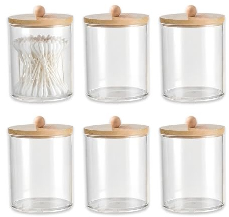 HUSOUE 6 Stück Wattestäbchen Behälter, Acryl Kosmetik Organizer Ohrstäbchen Behälter mit Bambus Deckel Aufbewahrung Badezimmer für Kosmetik Kleiner Q-Tip Behälters Schmuck Zahnseide