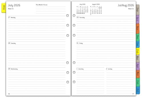 Academic Diary 2026 2027 Refill A5, Week on 2 Pages, Weekly & Monthly Planner with Tabs, Notes & Contact, August 2026 to July 2027, 6 Hole Organiser Inserts, Mid Year Calendar 2026/27