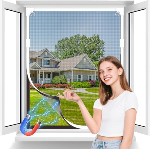 MLEJU Mosquitera Ventana Magnética 100x100 cm, Fibra de Vidrio Duradera | Tamaño Ajustable, Mosquitera Magnetica ,Fácil de Limpiar, Mosquiteras para ventanas Magneticas- Marco Blanco y Malla Gris