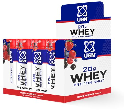 USN Whey Protein Shots I Mixed Berries I 12 x 100ml | 20g Protein | 81kcal | Fat Free | Zero Sugar | Pocket-Sized | Gym Liquid Fuel | Ready-to-Go | Muscle Recovery Drink