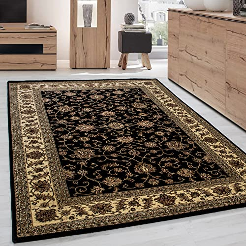Carpettex Kurzflor Orientalischer Teppich - Klassisch Optik Webteppich Schwarz 120 x 170 cm - Vintage Wohnzimmerteppich Esszimmer Waschbar Küchenteppich