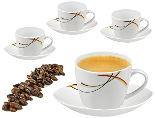 Van Well 4er Set Espressotassen 110ml mit Unterteller I Geschirr-Set für 4 Personen Gastronomie Qualität I Espresso Tassen edel mit Henkel I Markenporzellan Geschirrset 8 teilig - Dekor Monza