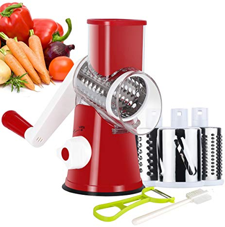 Ourokhome Rotary Cheese Grater Hand Crank, Kitchen Shredder Speed Mandolin Slicer Nut Grinder with Handle and Drum Blades for Cheese, Vegetable, Walnut, Chocolate, Potato, Carrot, 3 Blades, Red