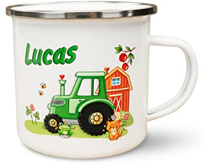 Werbetreff Gera Emaille-Tasse mit Name & Motiv Traktor - Bedruckt & Personalisiert - Geschenk-Idee für Jungs - Vintage-Look - Retro-Optik