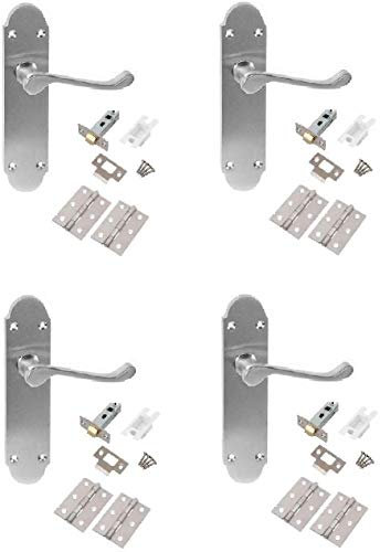 Golden Grace Epsom Design Victorian Scroll Door Handles on Shaped Backplate in Brushed Satin Chrome with Hinges and Latches, 4 Sets