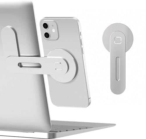CloudValley Adjustable Laptop Stand, Magnetic Phone Holder, Aluminum Slim Computer Monitor Side Mount Clip for iPhone MagSafe Series & All Phones, Portable Foldable Computer Expansion Bracket, Silver