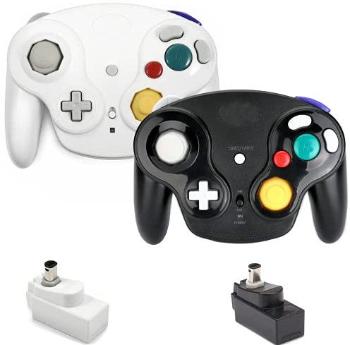 VTone Controller wireless per game, 2 pezzi, 2,4 G, senza fili, con adattatore ricevitore per Wii Game Cube NGC GC (nero e bianco)