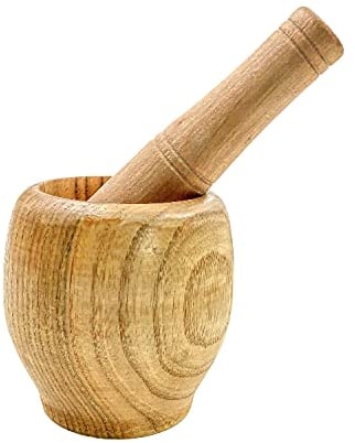 JZK Juego de mortero y mortero de madera trituradora de especias y hierbas picadora de ajo para pimienta y cebolla chile para el hogar y la cocina, 10 x 10 cm